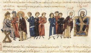John the Grammarian as ambassador before Theophilos and Mamun.jpg