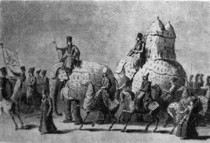 پرچم ایران در نقاشی‌ای سیاه و سفید اثر شاهزاده الکسیس سولتیکف از ابوالحسن شیرازی سفیر فتح‌علی شاه در حال رهسپاری به روسیه (این اثر سپس‌تر در زمان محمد شاه کشیده شده است.)